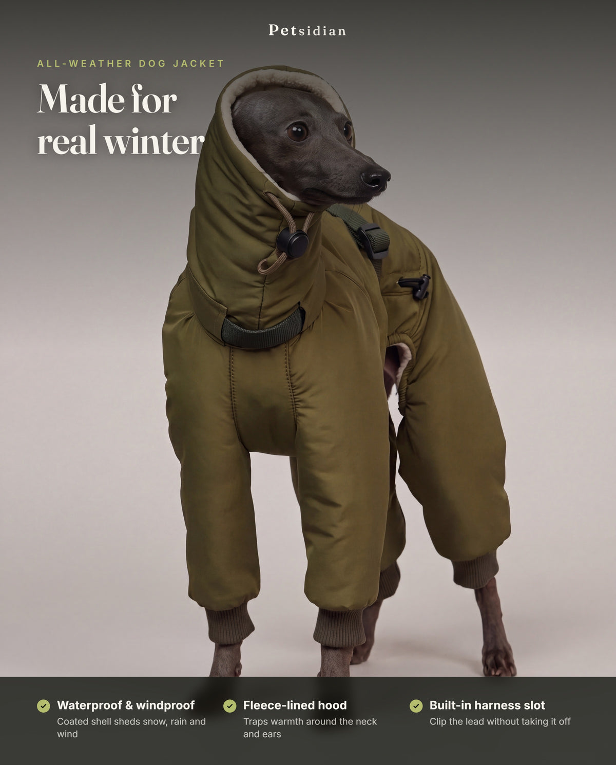 Made for real winter - waterproof, windproof, fleece-lined dog jacket