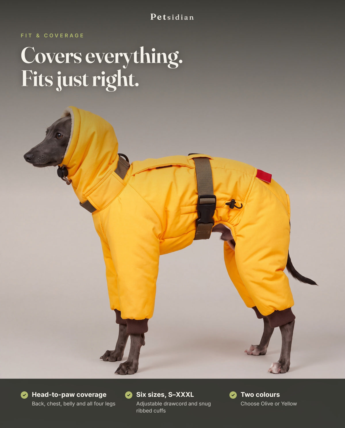 Full-body coverage, six sizes S-XXXL, olive or yellow